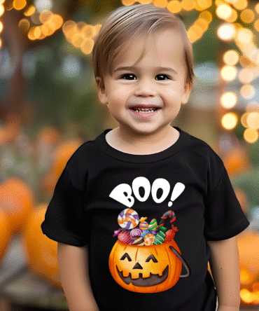 Black Halloween T-shirt for boys featuring a spooky design